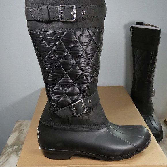 Sperry Calf High Boot Winter Leather and Quilted Nylon 9 Black - Picture 2 of 9